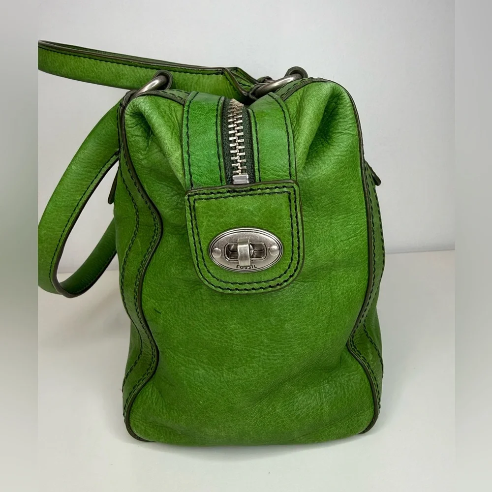 Fossil Kelly Green Pebble Leather Marlow Satchel Bag Purse Top Zip Closure